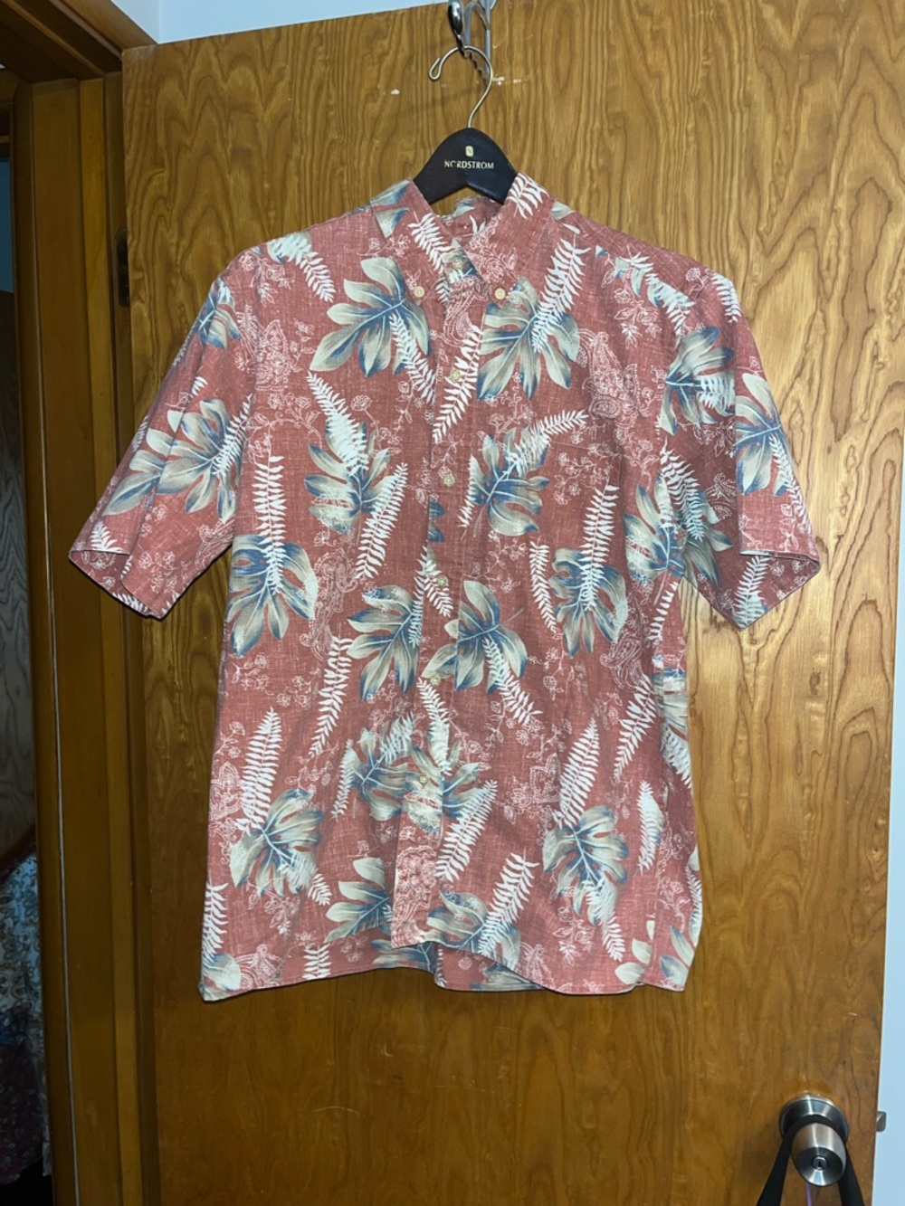 reyn spooner Rust Floral Short-Sleeve Button-Up Shirt with Blue and Cream Leaves